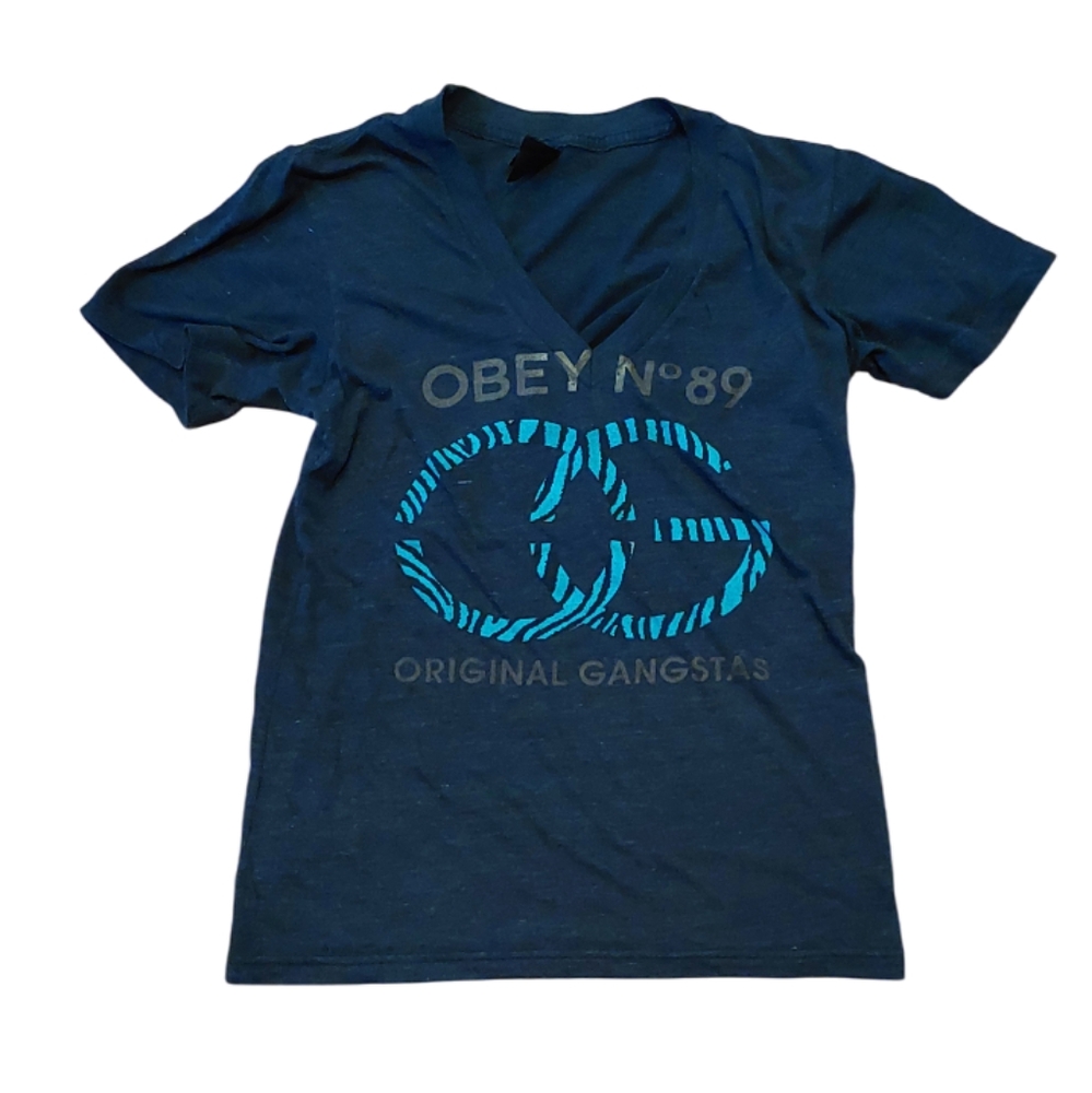 OBEY Short Sleeve V- neck Tee Charcoal "OG" SZ M